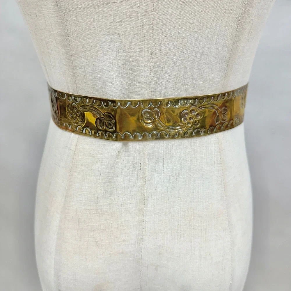 Vintage Brass & Copper Etched Metal Belt  Red Cabochon Centerpiece Made in India